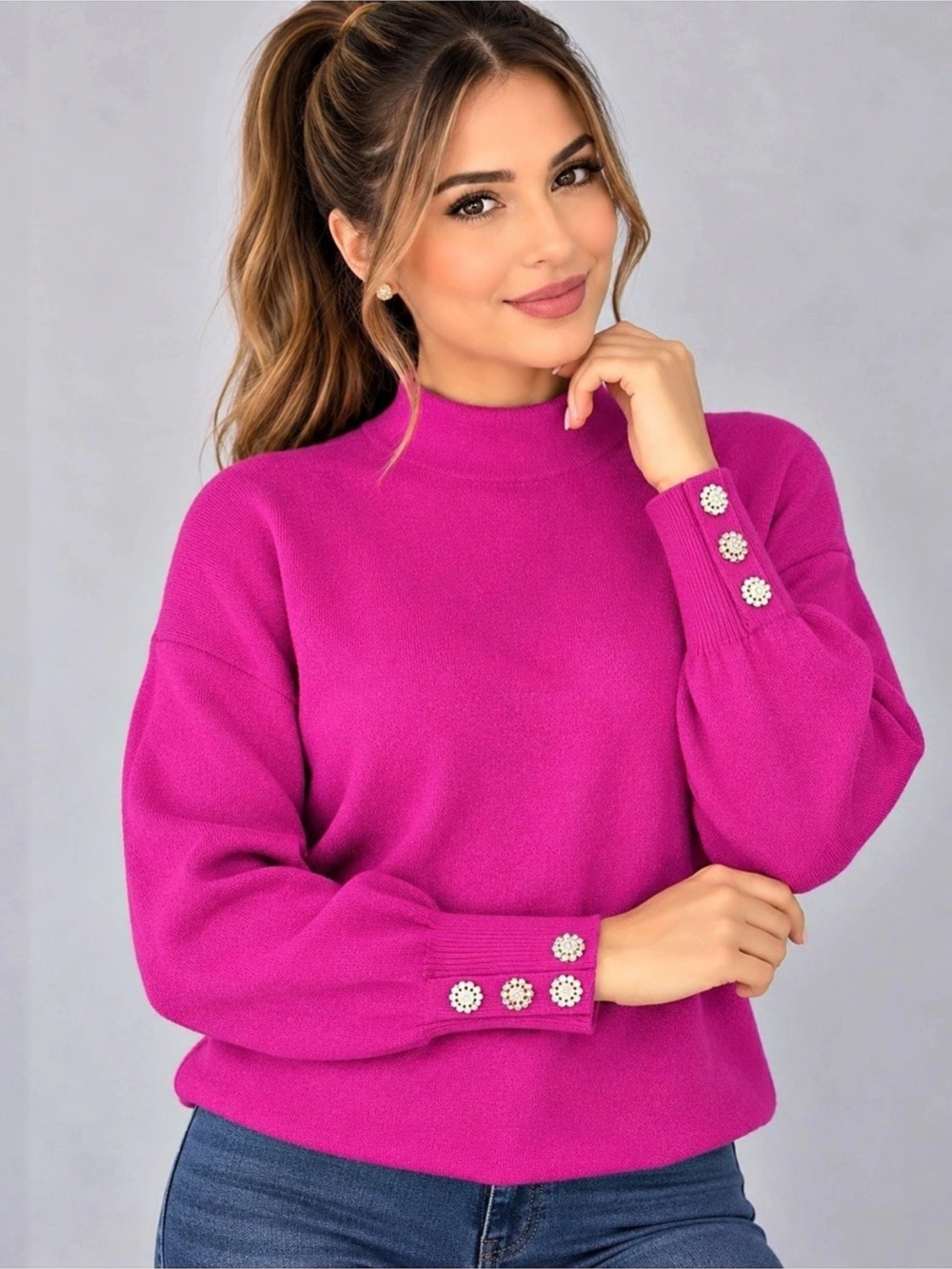 Tahari Pink Embellished Cuff Sweater Size Large Good Condition